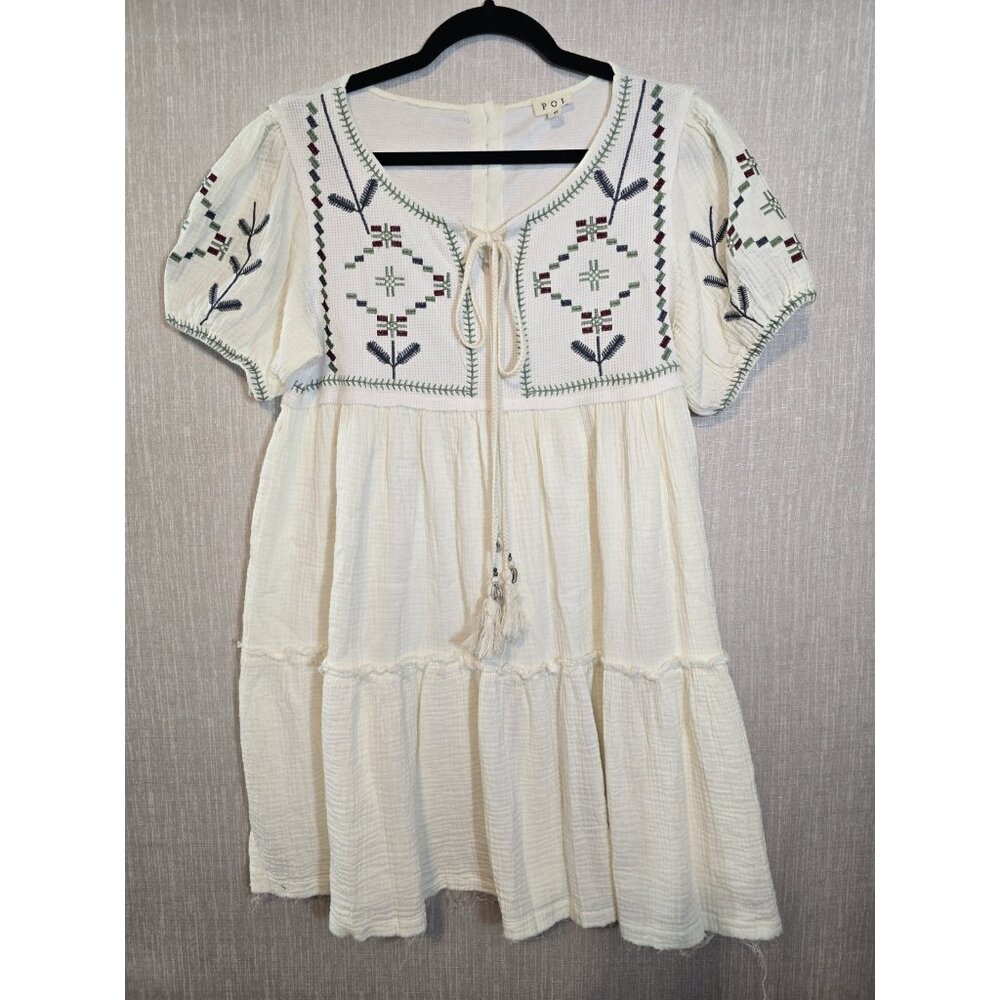 Pol Embroidered Babydoll dress Ivory Gauze Tassel tie Tiered Oversized size S